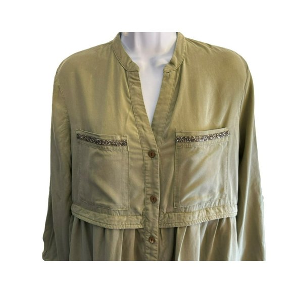Zara Women's Army Green Tencel Denim Dress XS Beaded Accent Adjustable Sleeve - Picture 3 of 6